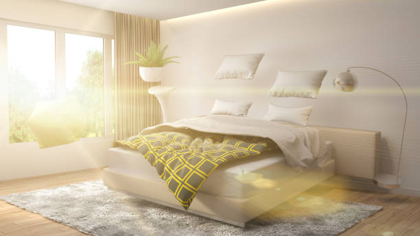 Zero gravity furniture hovering in living room. 3d illustration